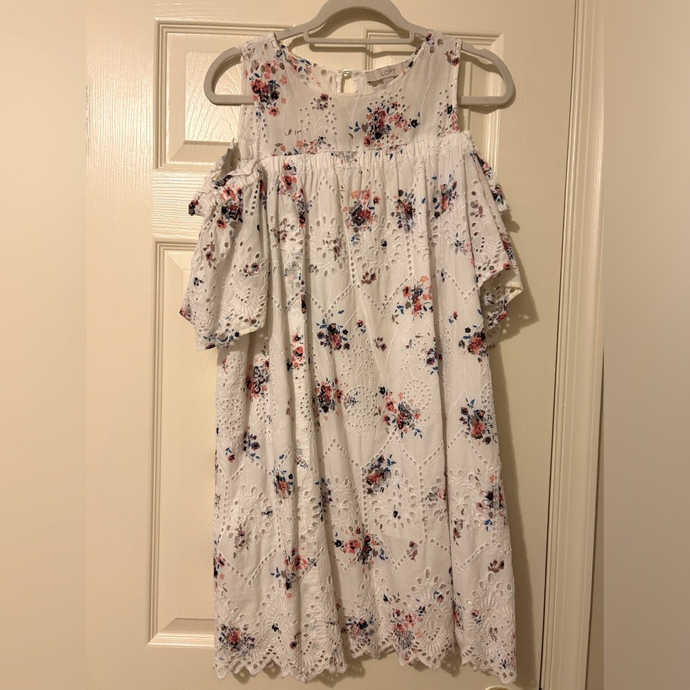 Loft summer shift dress. White w/ eyelet and floral. Size M. Open shoulder.